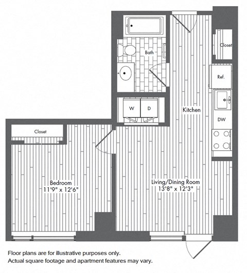 Floor plan for 1 bed, 1 bath, 486 sqft